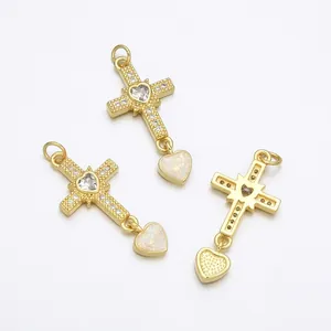 Golden cross necklace with heart zircon and opal pendant for women in minimalist style