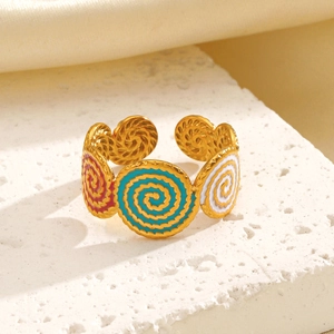 Minimalist gold stainless steel open rings with colorful enamel spiral wave patterns