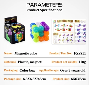 Detailed view of the magnetic cube toy set including packaging and instruction manual