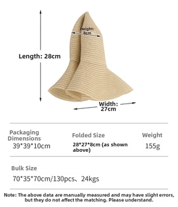 Folded khaki straw sun hat with detailed dimensions and weight specifications