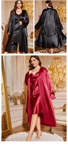 Detailed view of women's two-piece satin sleepwear set with lace robe and silk slip dress