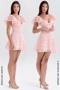 Detailed comparison of regular and 5cm longer length pink lace V-neck dresses