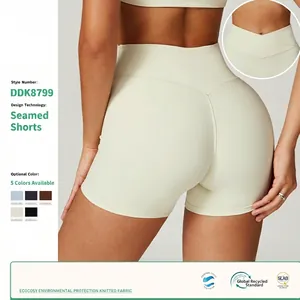 Short de Yoga pour Femmes en Nylon Recyclé Avec Taille Haute Croisée Effet Push-Up pour Entraînement Course Fitness Gym de Couleur Unie