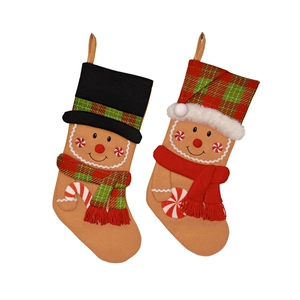 Festive gingerbread man Christmas stockings set with plaid hats and scarves decor