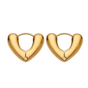 Polished gold stainless steel heart-shaped chunky hoop earrings on a clean white background