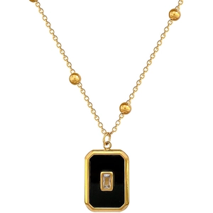 Minimalist gold titanium necklace with rectangular black gem pendant and small diamond