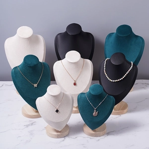 Velvet beech wood jewelry display set with necklace stands and solid wood bases