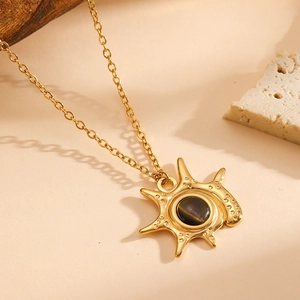 18K gold plated stainless steel sun pendant necklace with dark gemstone and O-chain link