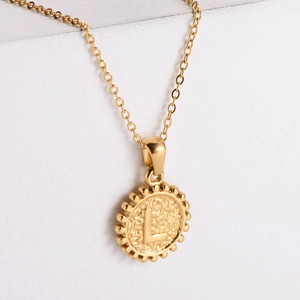 18k gold plated stainless steel hammered coin pendant necklace with letter L