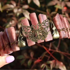 Pink crystal quartz headband with vintage bronze butterflies and raven skulls crown