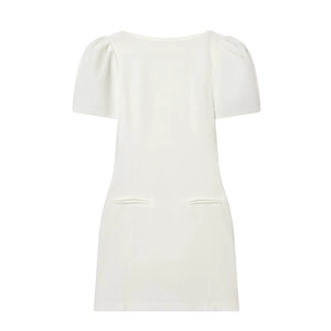 Elegant white puff sleeve mini dress with round neck and symmetrical side pockets