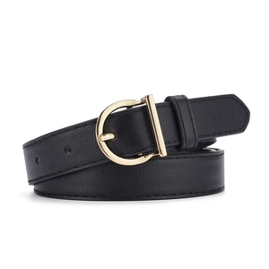 Classic black leather belt with a polished gold D-ring buckle for women's dresses and jeans