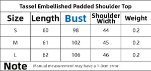 Size chart for fringed shoulder pad top including length, bust, and width measurements