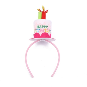 Pink plush birthday cake headband with candles and Happy Birthday colorful embroidery