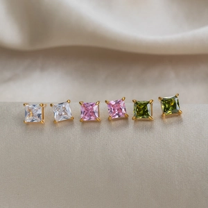 Square Zirconia Stud Earrings With Stainless Steel Earring Post 18K Gold Plated Waterproof Hypoallergenic Jewelry