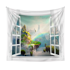 Detail of bohemian wall tapestry showing a 3D window view of a fantasy mountain landscape