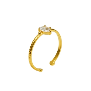 Anello regolabile in acciaio dorato con zircone a goccia e finitura martellata moda