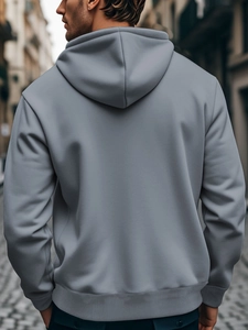 Back view of a casual grey men's hoodie featuring dropped shoulders and ribbed hem details