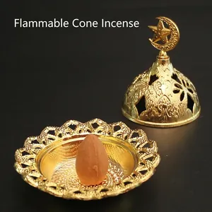 Arabic style gold metal incense burner with star crescent moon lid and cone incense
