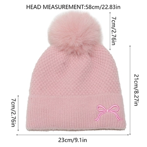Pink knit beanie dimensions showing 58cm circumference and bow embroidery detail