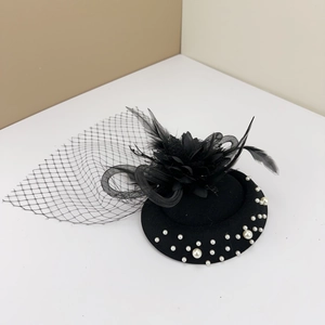 Vintage black fascinator hat with mesh veil, feathers and elegant white pearls