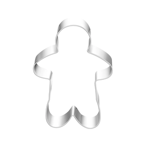 Detailed view of gingerbread man cookie cutter in polished stainless steel for baking
