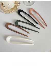 Detailed set of 5 colorful U-shaped resin hair pins in pink, black, green and white colors