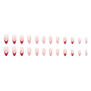 Unghie finte sfumate rosa con punte French rosse e motivi a stelle dorate