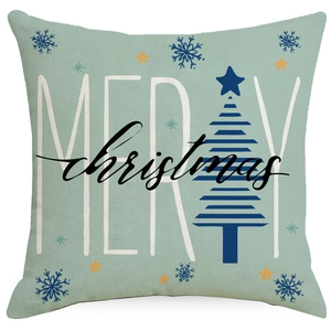 Christmas linen pillowcase with blue tree, snowflakes and Merry Christmas text print