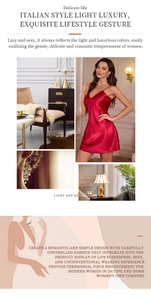 Close-up of red satin slip dress with V-neckline and elegant silky texture detail