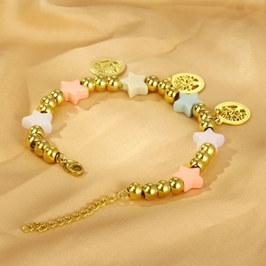 Colorful star bead titanium steel bracelet with gold beads and tree of life charms for women