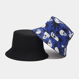 Detail of reversible bucket hat with skull and leaf patterns in black and navy canvas