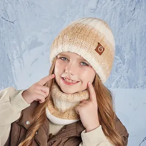 Kids warm winter knitted hat and neck warmer scarf set with beige stripes for cold weather