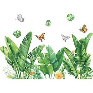 Self-adhesive tropical wall sticker featuring monstera leaves and colorful butterflies