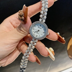 Women Quartz Watch Round Shell Dial Rhinestone Faux Artificial Pearl Bracelet Strap Alloy Elegant Fashion Jewelry Wristwatch