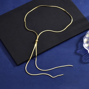 Elegant gold-tone flat snake chain sweater necklace with a versatile Y-shape tassel design