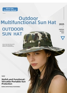Detail showing camouflage sun hat with wide brim, side vents and adjustable chin strap