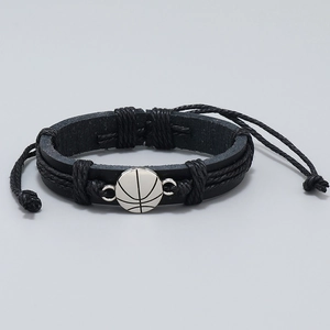 Handwoven black leather basketball bracelet with silver alloy charm for sports fans