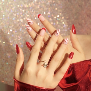 Christmas Red Glitter Press On Nails French Tip Silver Wave Design Oval False Nails For Women
