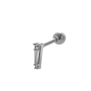 Detail of silver stainless steel screw back earring with geometric zircon stones