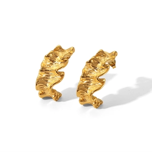 Minimalist 18K gold plated stainless steel hoop earrings with organic ripple texture