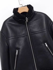 Close-up of black faux leather jacket with fleece collar and metal zipper detail