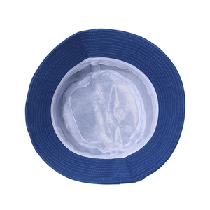 Blue cotton bucket hat featuring internal stitching and lining detail in top view