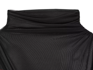 Detailed close-up of high-neck sheer mesh top featuring stacked collar and shoulder seams