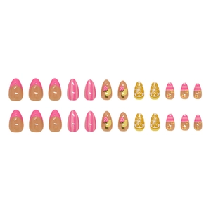 24pcs strawberry lemon almond press on nails with pink French tips and stripes