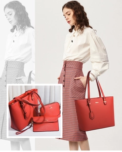 Three-piece red PU leather bag set featuring tote, crossbody, and clutch accessories