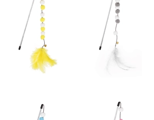 Detail view of colorful cat teaser wands with soft plush balls, feathers and bells