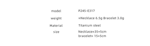 Spécifications détaillées de la parure de bijoux cœur en acier titane avec poids et taille