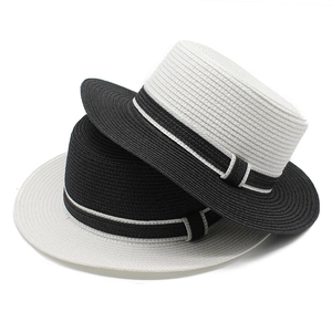 Contrast Color Straw Woven Boater Hat Flat Top Wide Brim Sun Protection Summer Beach Casual Fedora Style For Women Men