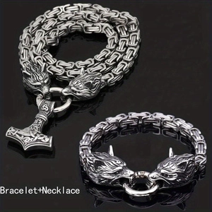 Parure collier Marteau de Thor Mjölnir et bracelet tête de loup en acier inoxydable